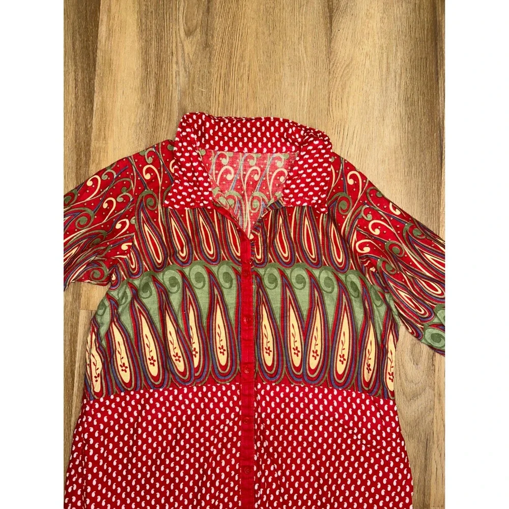 Vtg handmade Paisley Polka Dot Mixed Print Button Midi Dress western ethnic
